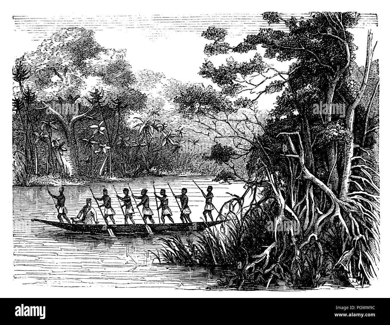 Le voyage de Livingstone à la côte Est : Livingston en bateau, Banque D'Images