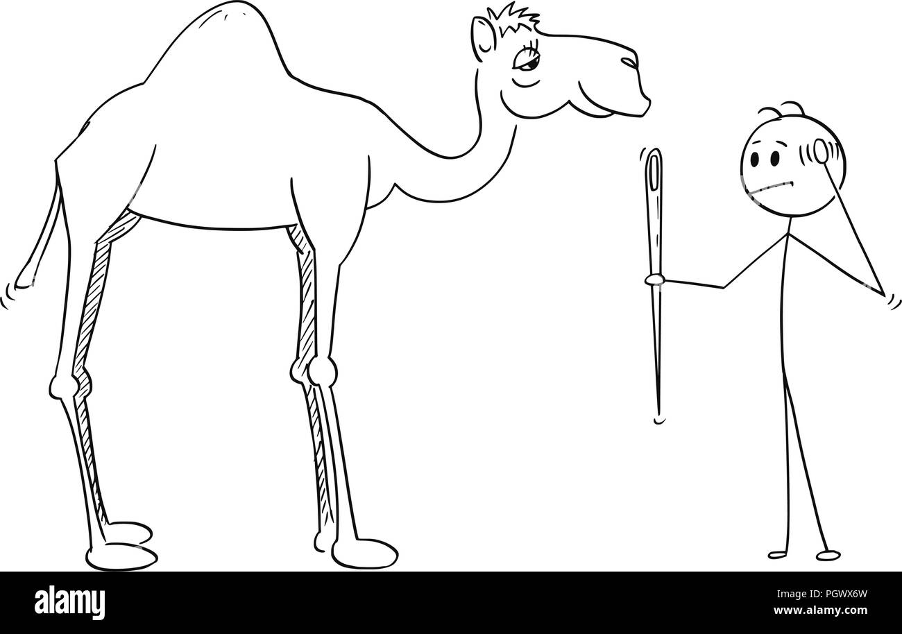 Caricature de l'homme tenant une aiguille et la réflexion sur son Œil et le chameau Illustration de Vecteur
