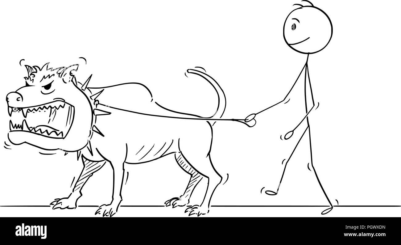 Caricature de l'homme marchant avec gros chien dangereux monstre bête Illustration de Vecteur