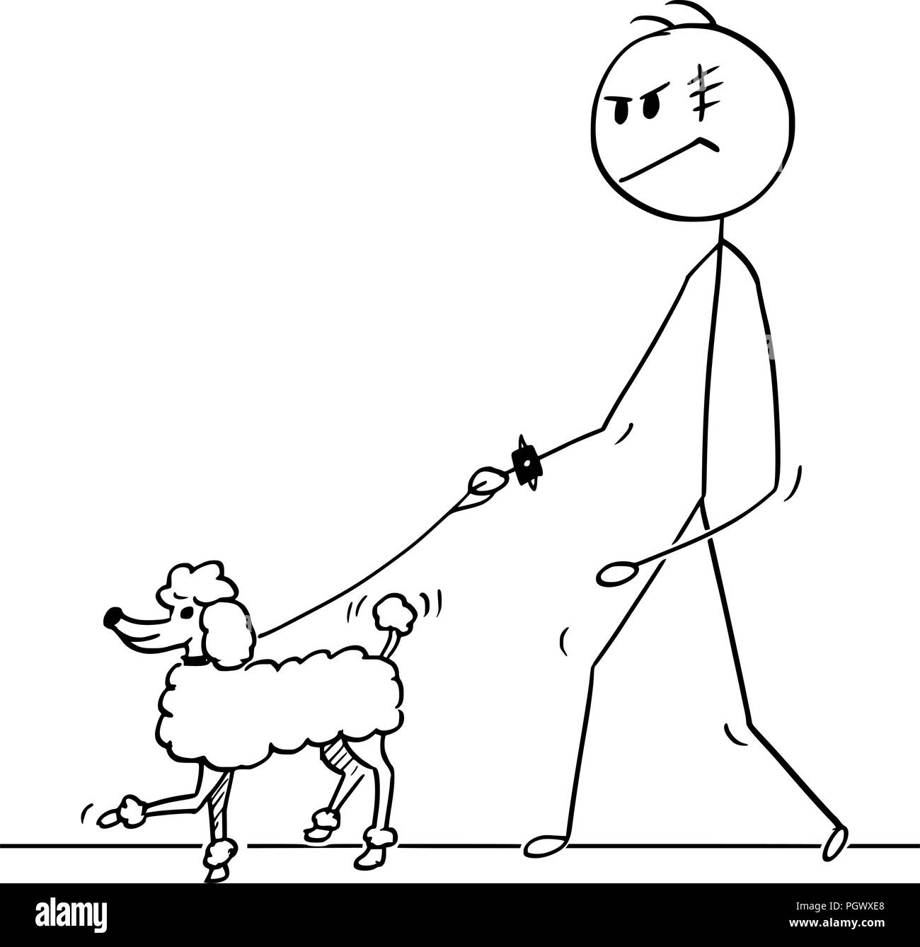 Caricature de l'homme dur marcher avec caniche chien en laisse. Illustration de Vecteur