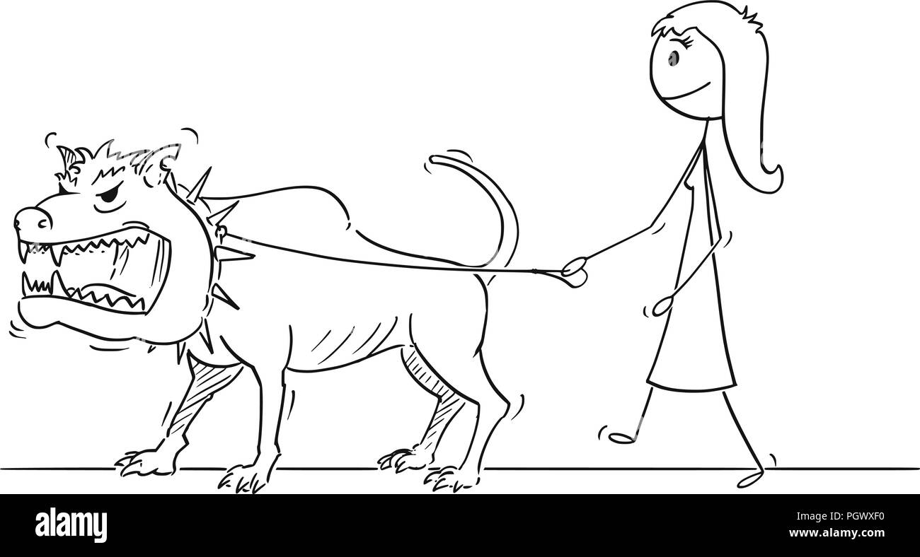 Caricature de femme marche avec l'animal dangereux monstre gros chien en laisse. Illustration de Vecteur