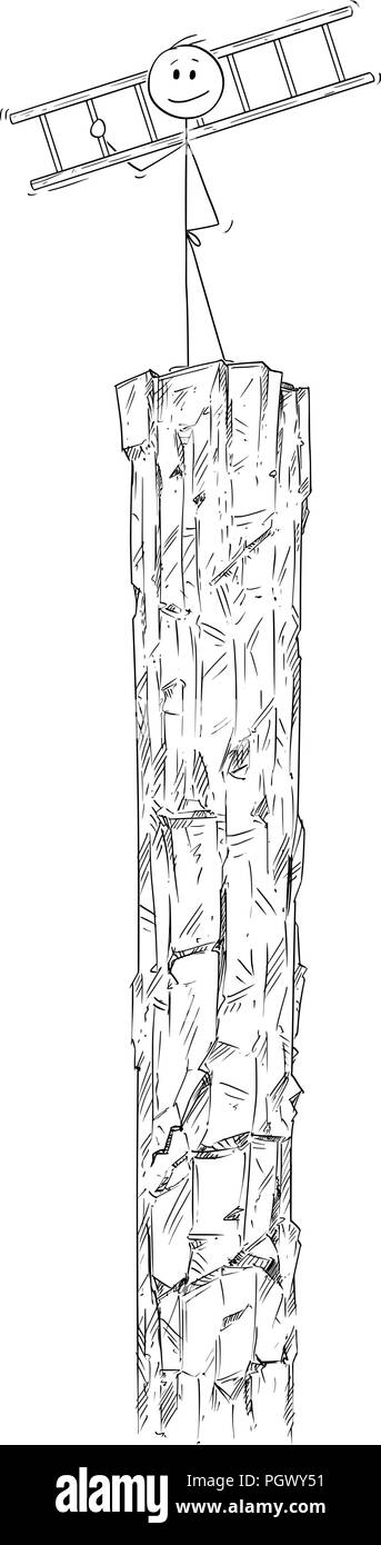 Caricature de l'homme ou homme d'affaires avec échelle debout sur le haut de la haute roche Illustration de Vecteur