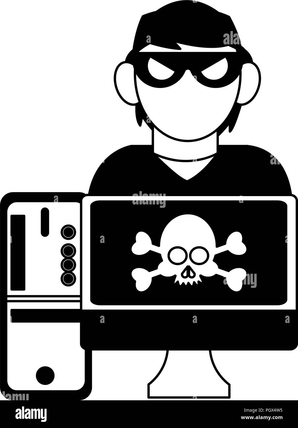 Hacker sur ordinateur en noir et blanc Illustration de Vecteur