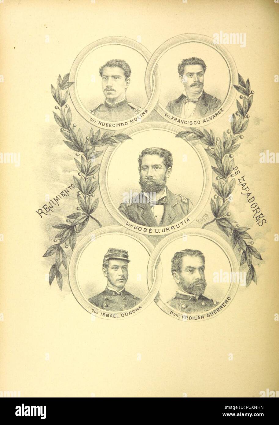 Libre à partir de la page 370 de "El album de la Gloria de Chile. Homenaje al ejército je Armada de Chile en la memoria de sus más marinos ilustres je soldados muertos por la patria en la guerra del Pacífico, 1879-18830096. Banque D'Images
