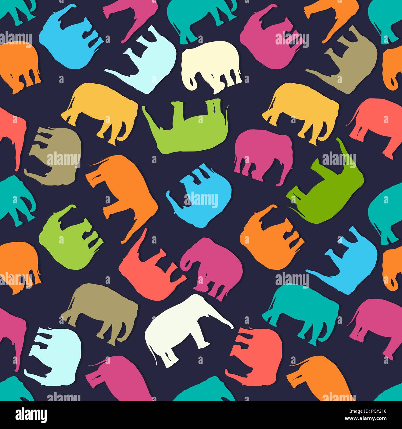 Seamless pattern design avec des silhouettes d'éléphants en couleurs Illustration de Vecteur