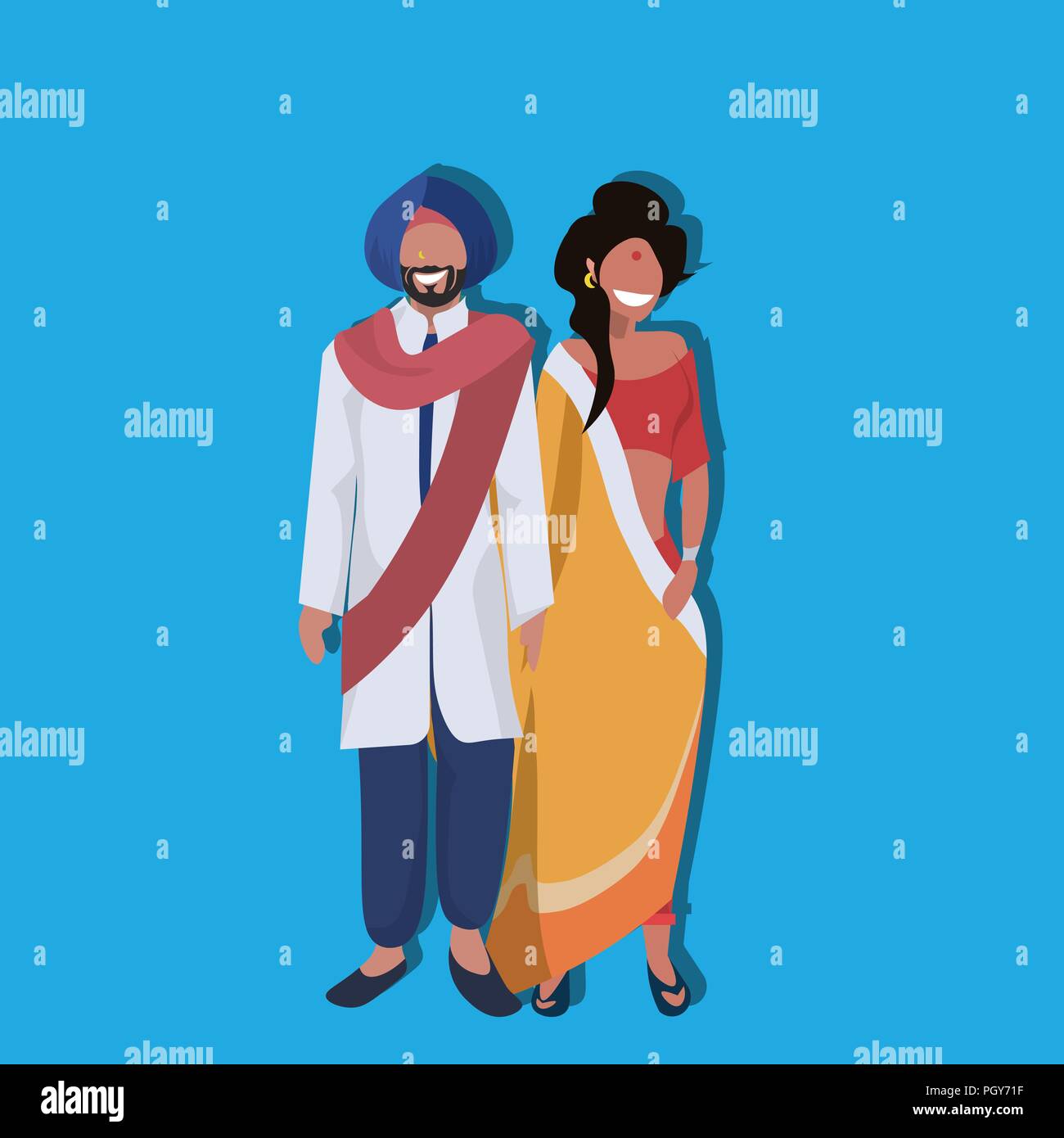 Femme Homme couple bindi indien debout dans les vêtements traditionnels femme homme personnage télévision pleine longueur Illustration de Vecteur