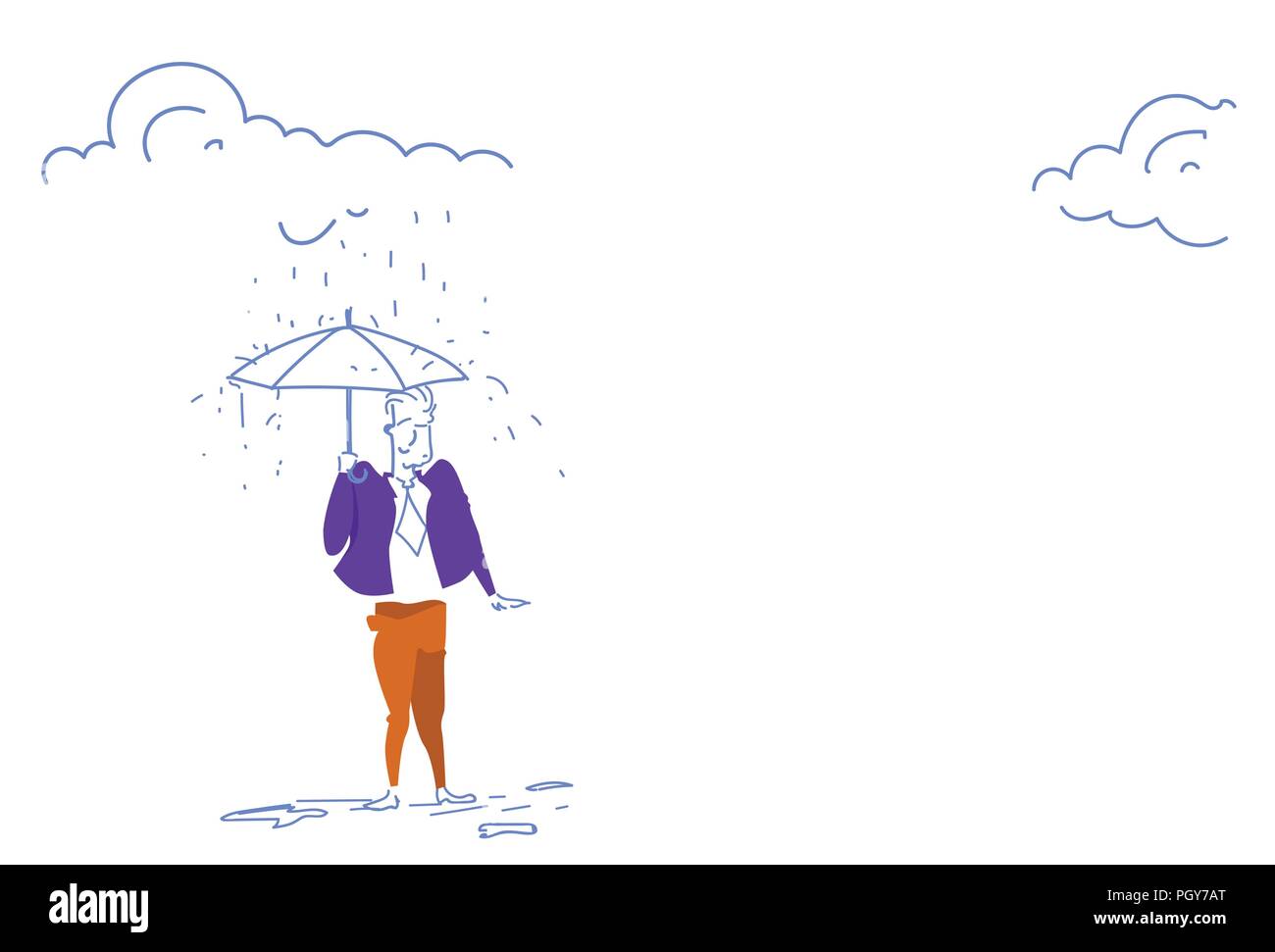 Portrait sous la pluie holding umbrella business protection horizontale doodle croquis concept Illustration de Vecteur