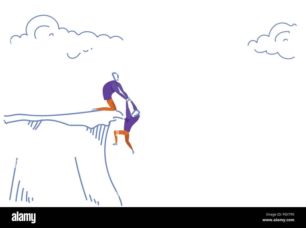 Businessman holding hands hanging man collègue montagne falaise abyss partner support des gens d'affaires du croquis risque doodle Illustration de Vecteur