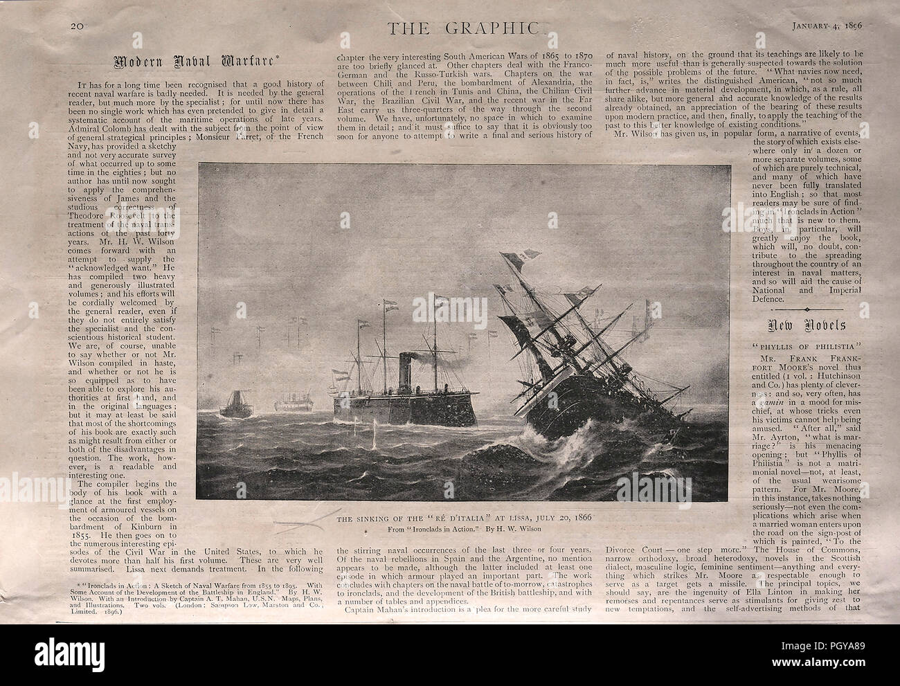 Page du journal L'illustration du 4 janvier 1896 qui décrit le naufrage du navire re D'Italia à Lissa de cuirassés "en action" par H. W. Wilson Banque D'Images