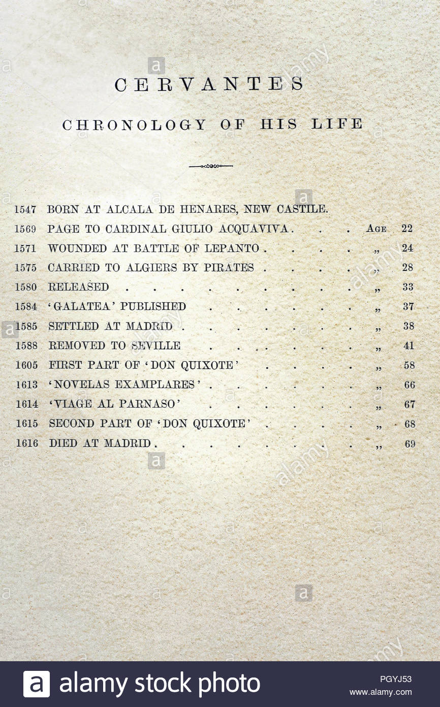 Miguel de Cervantes chronologie de sa vie, 1547 - 1616 est un écrivain espagnol qui est largement considéré comme le plus grand écrivain dans la langue espagnole et l'un des éminents romanciers. Son roman Don Quichotte a été traduit dans plus de langues que n'importe quel autre livre à l'exception de la Bible, chronologie de livre ancien 1880 Banque D'Images