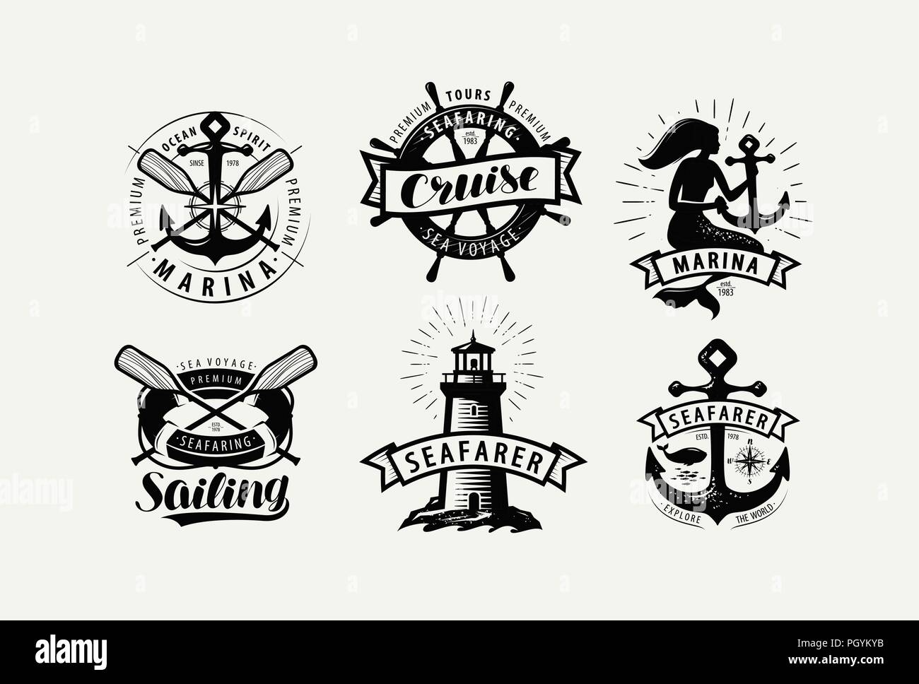 Croisière voile, logo ou label. Concept Marine ensemble d'emblèmes. Vecteur de conception typographique Illustration de Vecteur