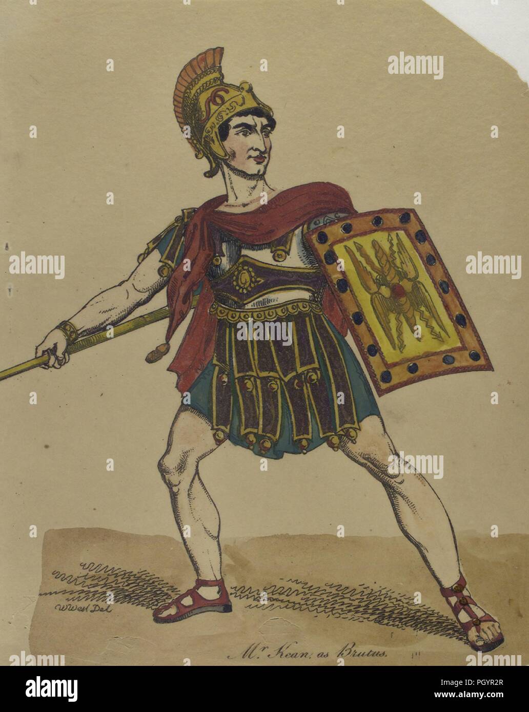 Illustration couleur, représentant une vue sur toute la longueur de l'acteur britannique Edmund Kean comme Brutus, avec une expression sérieuse sur son visage, tenant une lance dans une main et un bouclier jaune dans l'autre main, vêtu d'un casque d'or avec une touffe rouge courte poitrine d'argent, des armes, et un violet et bleu jupe tunique, avec une ceinture rouge et des sandales, tout en assumant le rôle de Brutus d'une production de la pièce de Shakespeare "Jules César, ' signé W del'Ouest, 1820. À partir de la Bibliothèque publique de New York. () Banque D'Images