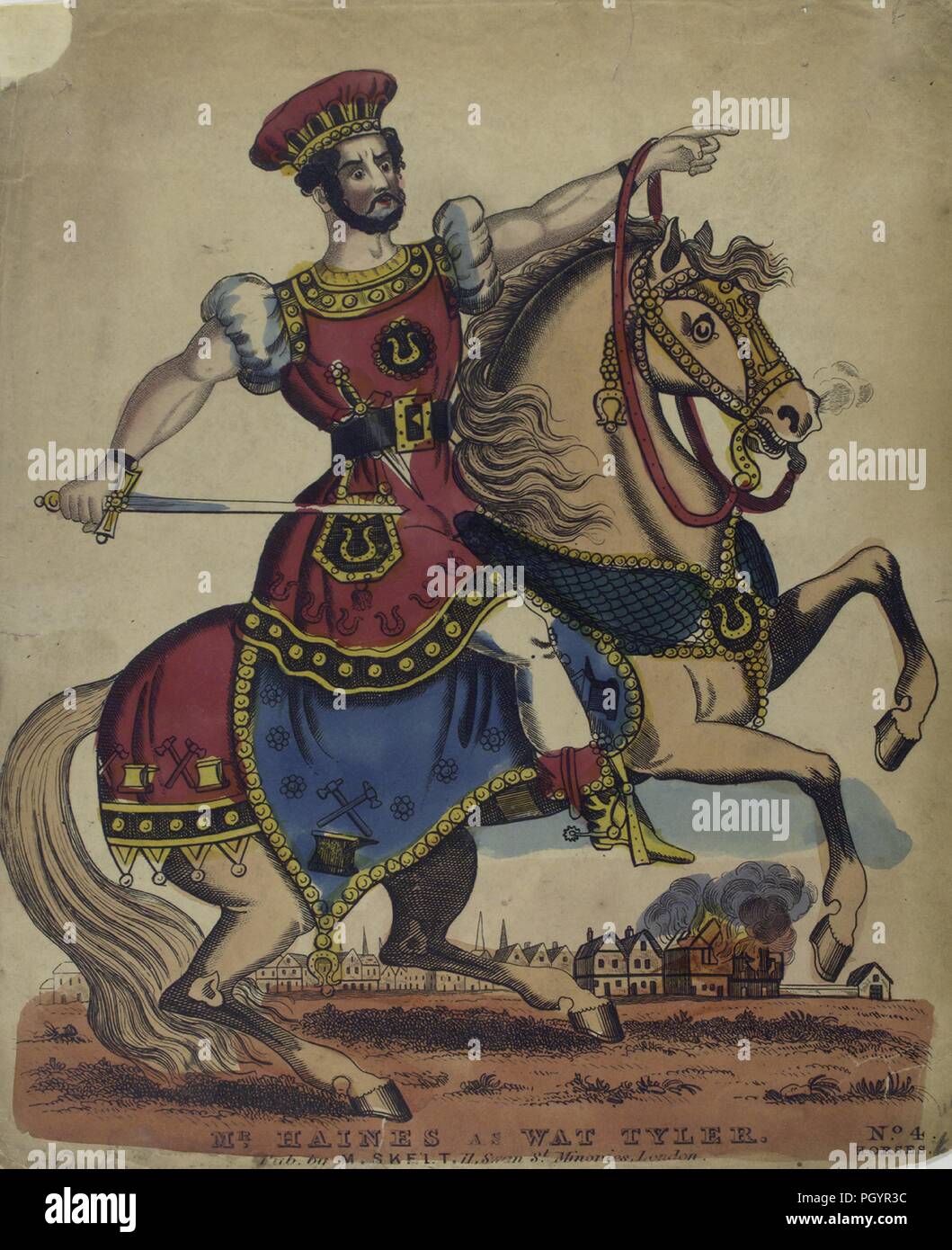Impression couleur, probablement d'une gravure, peint à la main représentant une vue sur toute la longueur de l'acteur et dramaturge britannique John Thomas Haines, avec une expression sérieuse sur son visage, brandissant une épée d'une part, et vers l'avant avec l'autre main, vêtu d'une tunique rouge et chapeau, et en équilibre sur le dos d'un cheval blanc avec caparisoning rouge et bleu, tout en effectuant le rôle dans la pièce 'Wat Tyler, ' par Robert Southey, ' publié à Londres par M Skelt, 1834. À partir de la Bibliothèque publique de New York. () Banque D'Images
