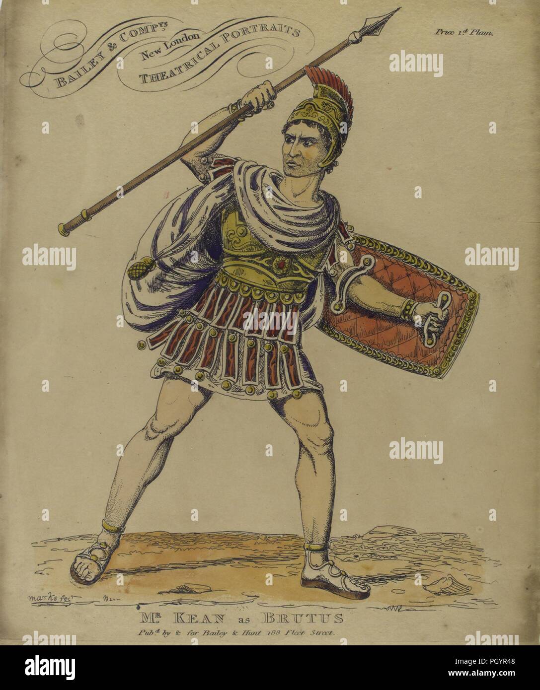 Illustration en couleur, représentant une vue sur toute la longueur de l'acteur britannique Edmund Kean comme Brutus, avec une expression de colère sur son visage, tenant une lance dans une main et un bouclier dans l'autre main, vêtu d'un casque d'or avec une touffe rouge courte poitrine d'or, des armes, et une tunique jupe rouge et blanc avec un manteau blanc, tout en assumant le rôle de Brutus d'une production de la pièce de Shakespeare "Jules César ', publié à Londres par Bailey et Hunt, 1820. À partir de la Bibliothèque publique de New York. () Banque D'Images