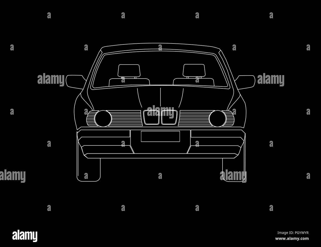Illustration d'une voiture avant. Contours blancs sur fond sombre. Illustration de Vecteur