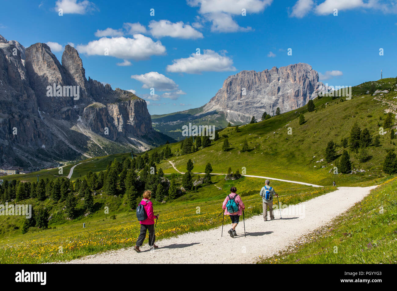 Le Trentin, le Tyrol du Sud, Italie, panorama de montagnes au Col Gršdner, Gardena, en passant le col de montagne dans les Dolomites du Tyrol du Sud, Banque D'Images