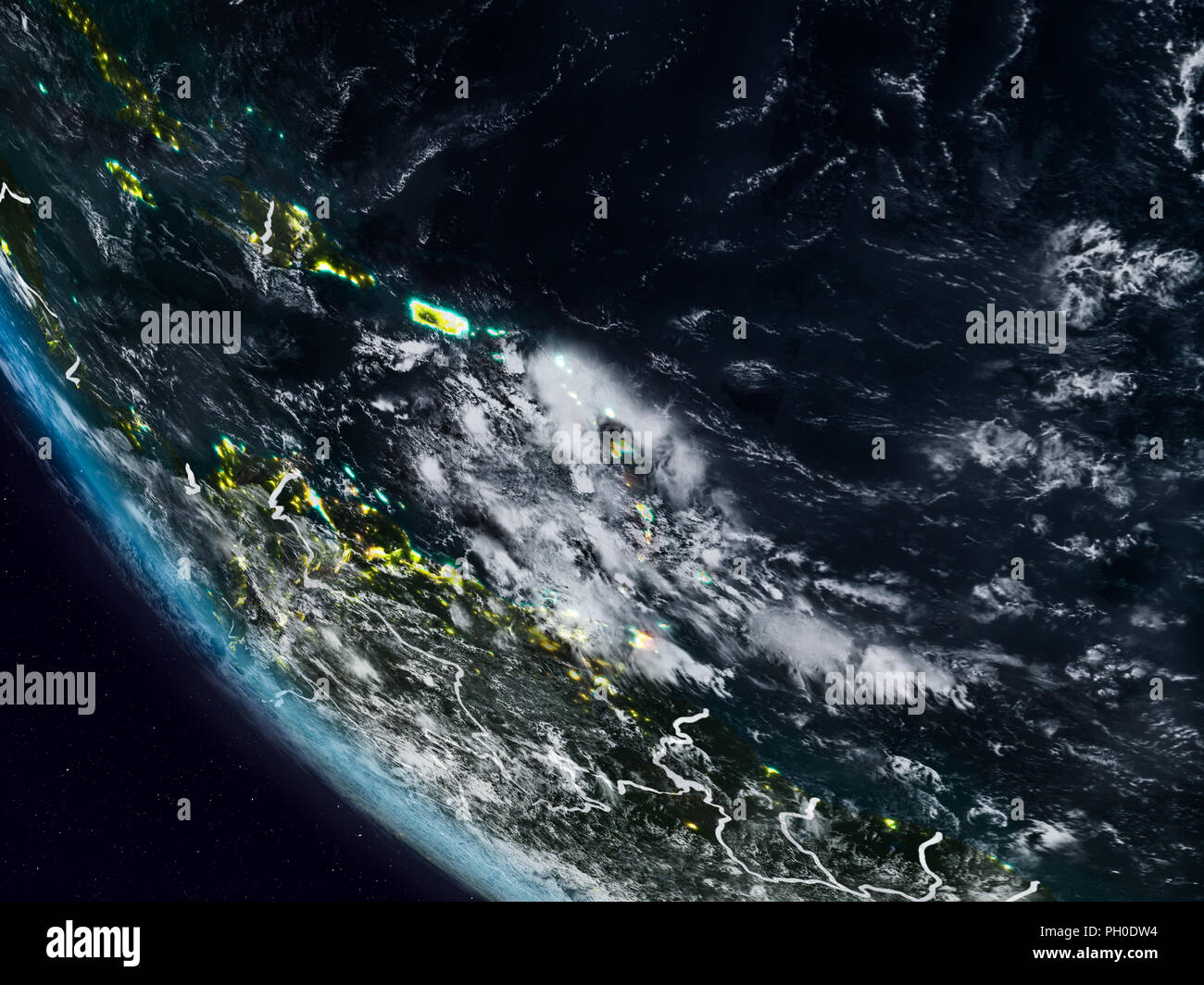 La nuit des Caraïbes à partir de l'espace visible avec frontières du pays. 3D illustration. Éléments de cette image fournie par la NASA. Banque D'Images