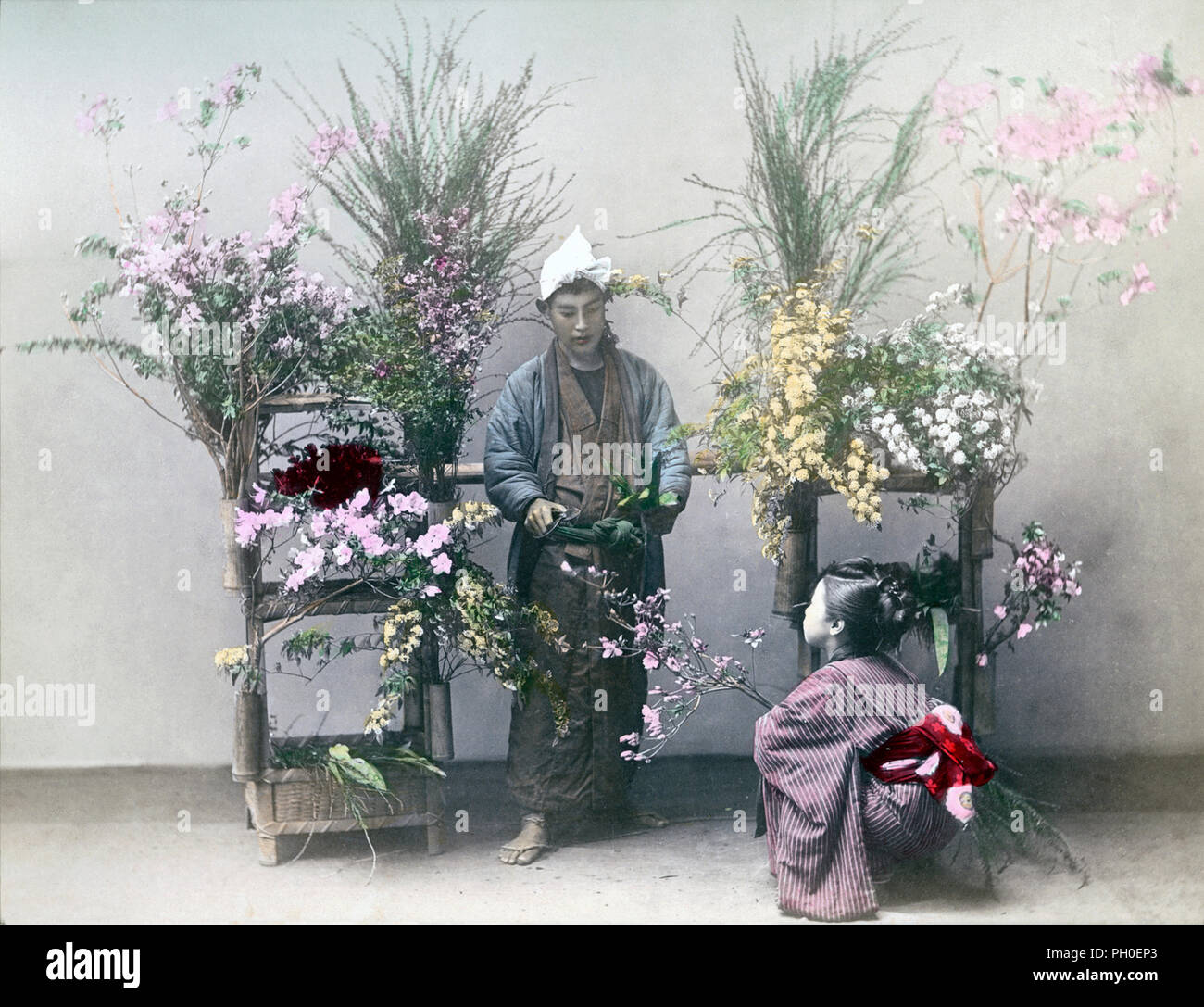 [ 1890 - Japon ] Fournisseur de fleurs - Un studio photo d'une vendeuse de fleurs tenant des ciseaux et de ses marchandises. Une jeune fille en kimono montres. Bien qu'arbitraire, vendeurs de fleurs fait l'installation vu dans cette image sur leurs épaules et fait un cliquetis sonore avec leurs ciseaux pour annoncer leur arrivée. 19e siècle vintage albumen photo. Banque D'Images