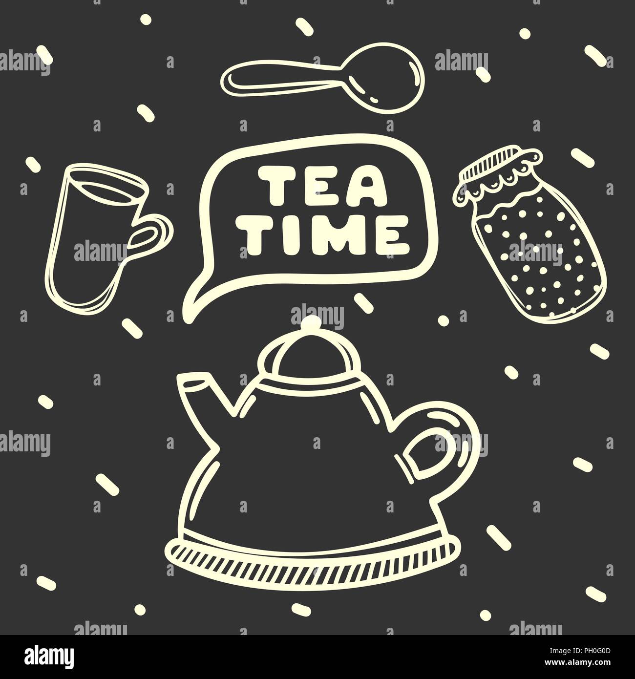 Cartoon théière et confiture sur fond noir. L'heure du thé. Illustration de Vecteur