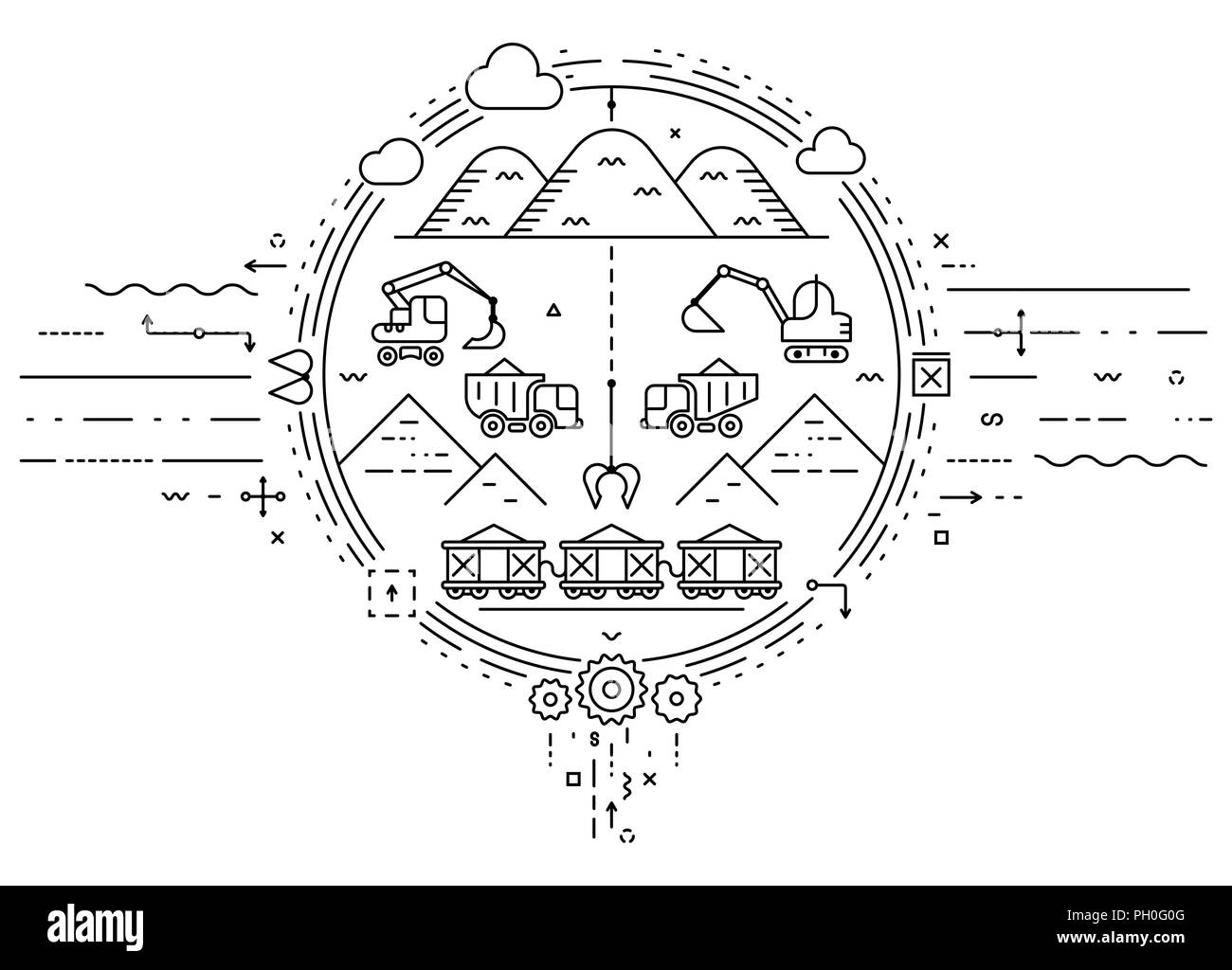 Concept global de l'extraction de minéraux, de terre, de sable, de gravier. Avec l'extraction et le transport de l'excavateur avec camion dumper et train de marchandises. Télévision l'infographie. Illustration linéaire. Illustration de Vecteur