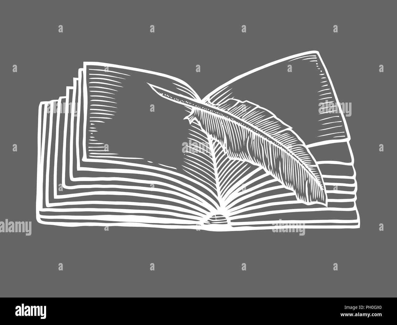 Livre Ouvert Avec Plume Isole Sur Fond Noir Vector Illustration Gravure Vintage Noir Dessiner A La Main Dans Un Style Graphique Image Vectorielle Stock Alamy