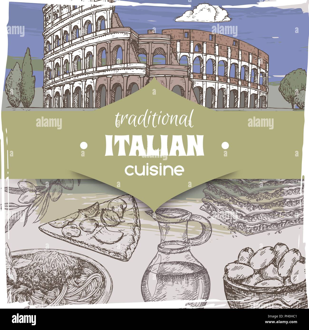 Modèle Vintage couleur paysage avec Rome et des plats italiens typiques. Illustration de Vecteur