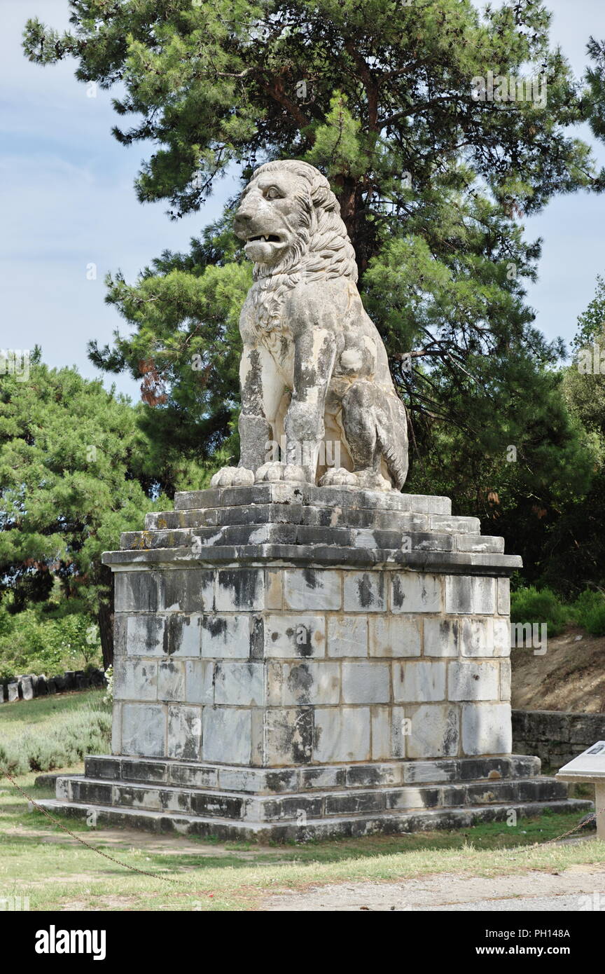 Lion d'Amphipolis. Un quatrième siècle avant J.-C. Monument funéraire créé en l'honneur de l'amiral Laomedon de Lesbos. Banque D'Images