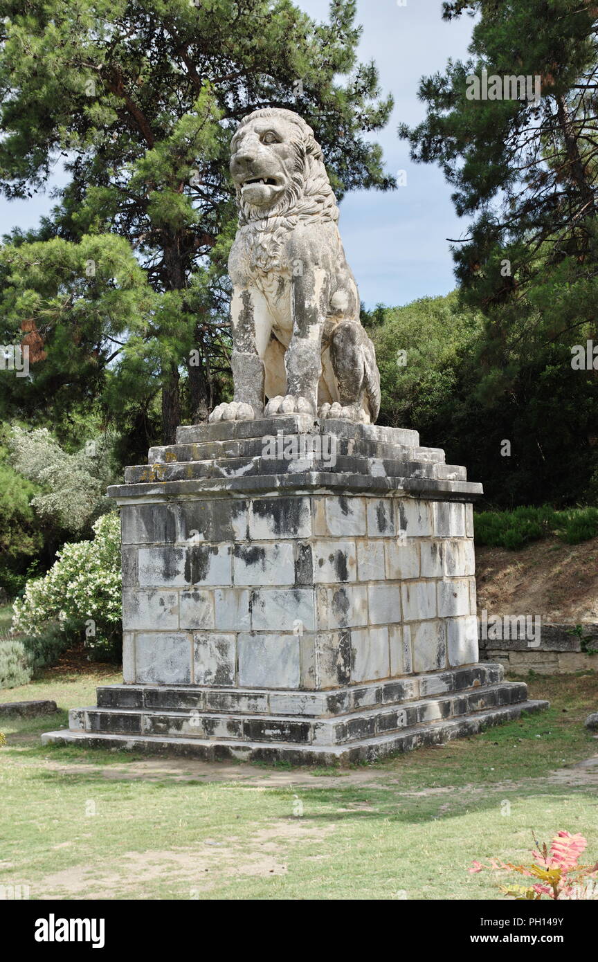 Lion d'Amphipolis. Un quatrième siècle avant J.-C. Monument funéraire créé en l'honneur de l'amiral Laomedon de Lesbos. Banque D'Images