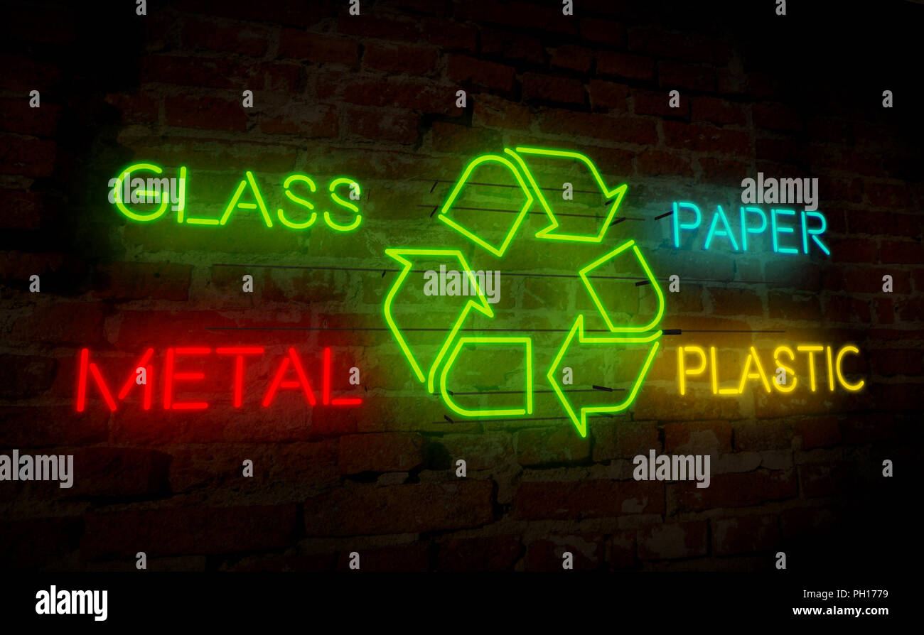 L'icône de recyclage light neon. Lettrage et le symbole électrique sur le mur arrière-plan. L'écologie et la séparation des déchets 3D illustration. Banque D'Images