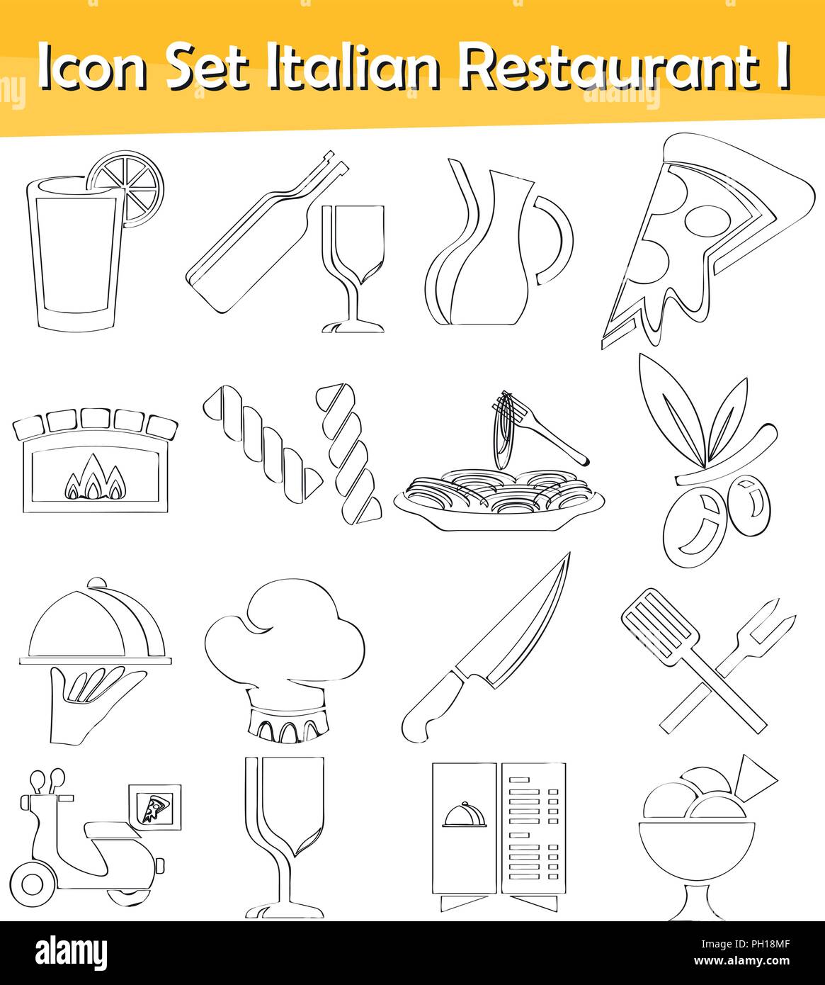 Appelée Doodle bordée Icon Set Restaurant Italien I avec 16 icônes pour l'utilisation créative en design graphique Illustration de Vecteur