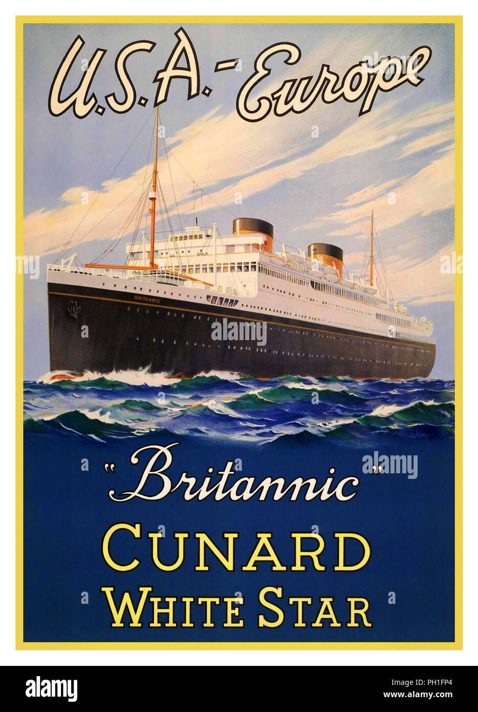 CUNARD BRITANNIC Vintage navire de croisière des années 1930 Ocean Liner Cunard «Brittanic» White Star Line USA-Europe Banque D'Images