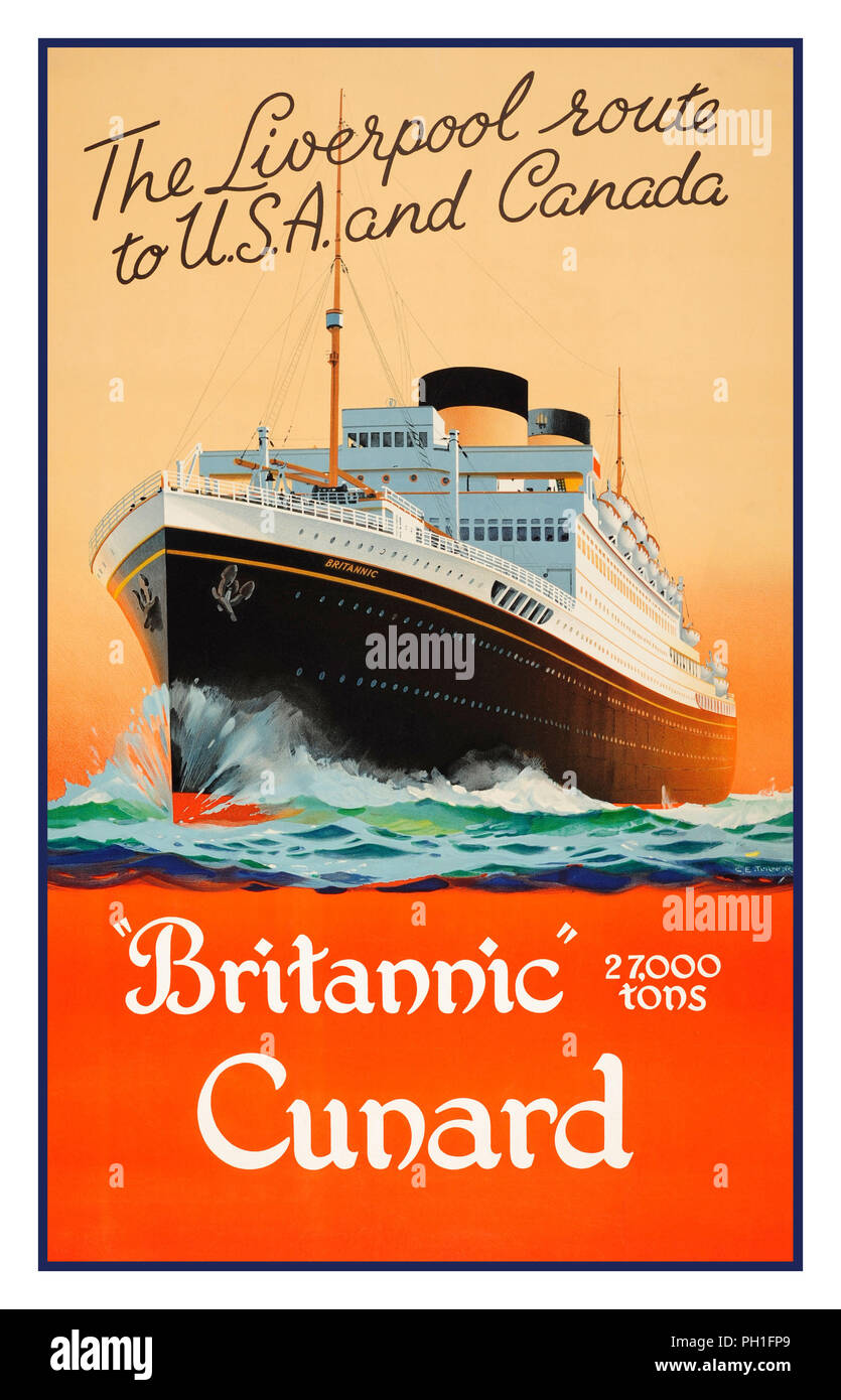 1930 Vintage CUNARD Cunard Affiche publicitaire Ocean Liner M.V. 27000 tonnes de la britannique Liverpool Itinéraire vers USA et Canada Banque D'Images