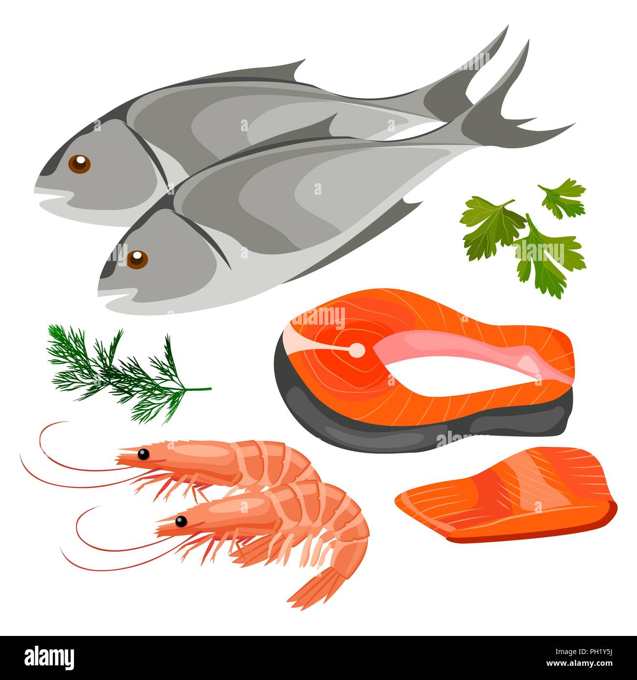 Ensemble d'aliments de la mer dans l'icône de style, télévision le poisson frais. Illustration de Vecteur