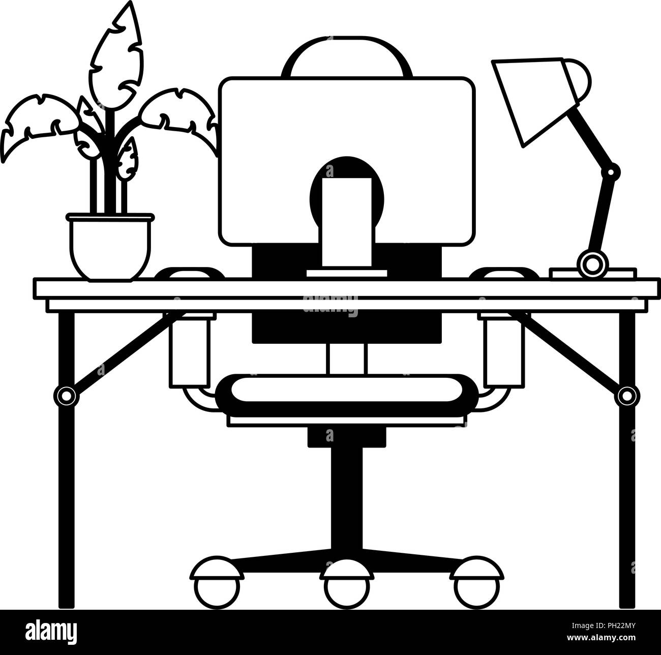 Bureau avec ordinateur en noir et blanc Illustration de Vecteur