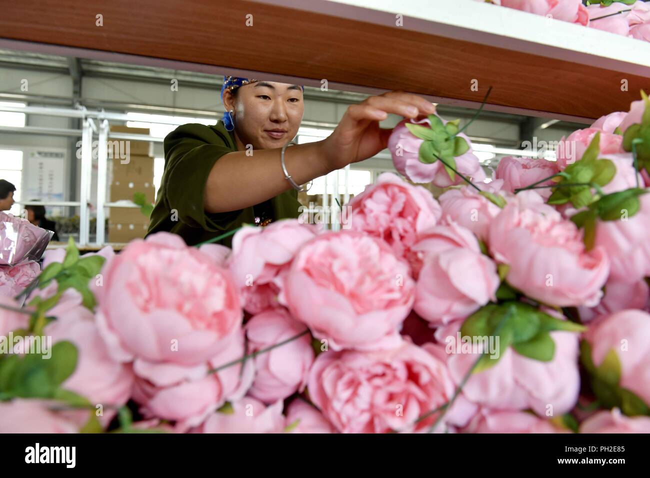 (180830) -- GUYUAN, 30 août 2018 (Xinhua) -- un travailleur fait fleurs artificielles lors d'un atelier dans le comté de Longde, nord-ouest de la Chine, région autonome du Ningxia Hui, 29 août, 2018. L'entreprise de faire des fleurs artificielles a été introduit à partir du sud-est de la province de Fujian en Chine en 2013. Les produits sont principalement exportés vers l'Europe, Moyen-Orient, et Asie du sud-est, en aidant les villageois de se débarrasser de la pauvreté. (Guo Xinhua/Xulei)(gxn) Banque D'Images