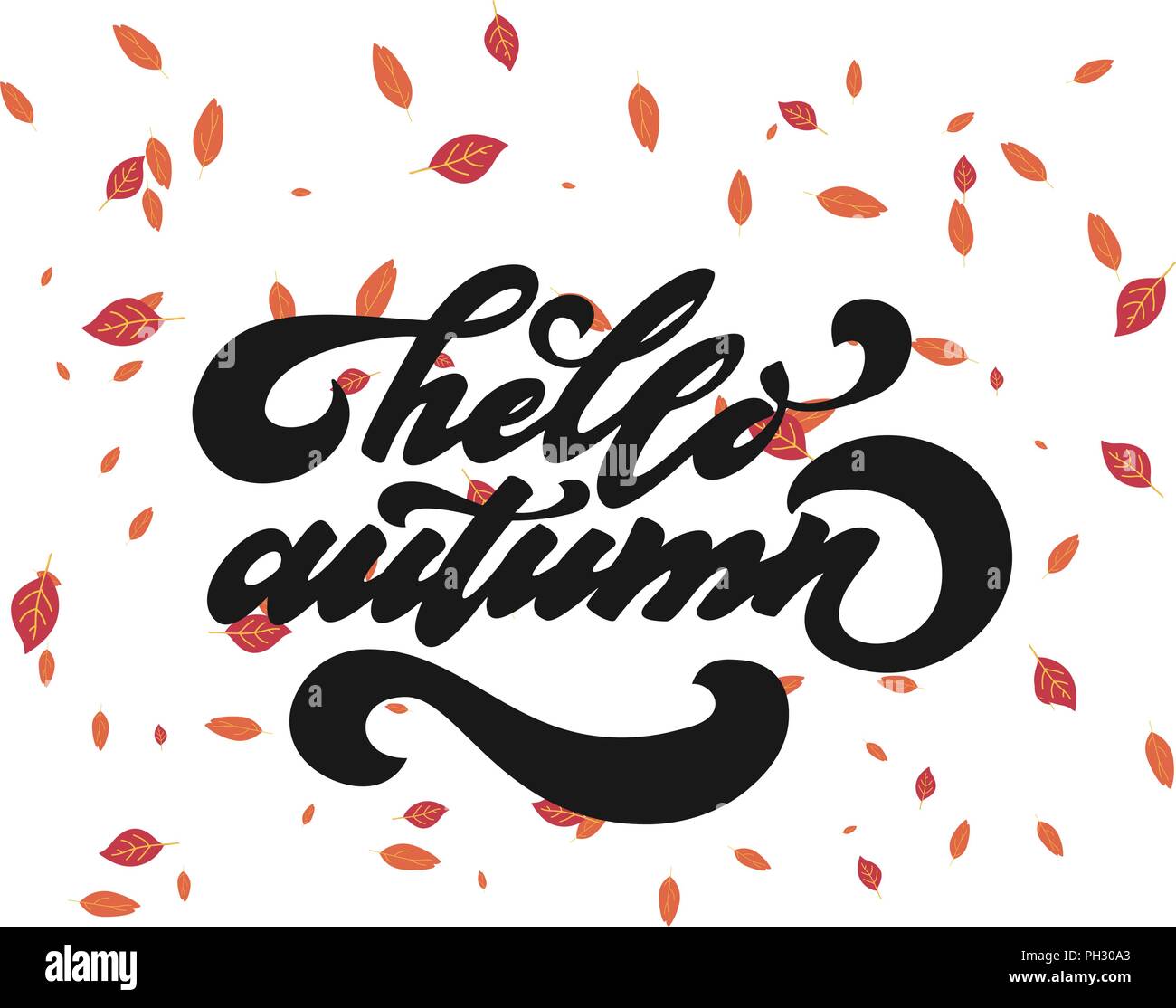 Bonjour l'automne. Calligraphie dessiné à la main et pinceau lettrage. design pour maison de vacances Carte de vœux et invitation des vacances d'automne saison noir sur blanc. Illustration de Vecteur