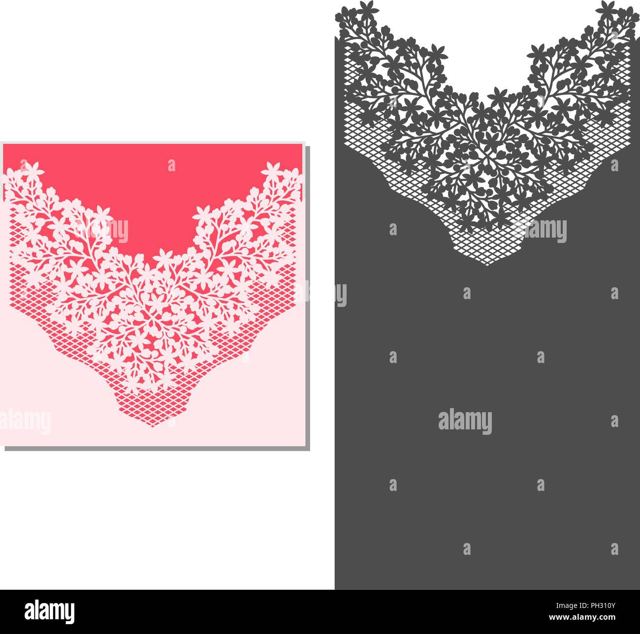 Coupe au laser modèle Enveloppe pour invitation mariage carte. Carte de vœux papier avec bordure en dentelle. Découper le gabarit pour la découpe. Illustration de Vecteur