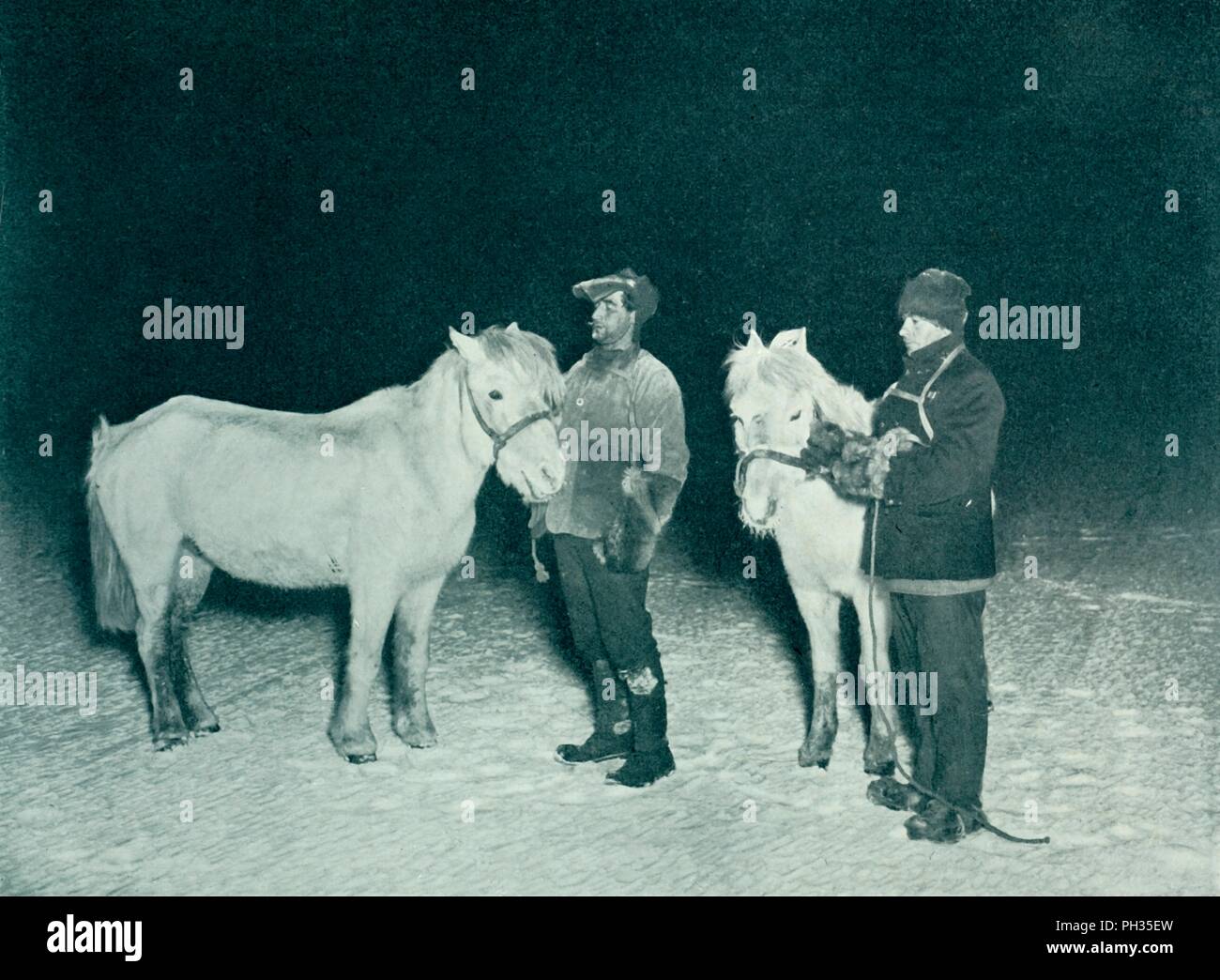 "Maîtres de Crean et Evans l'exercice de leurs poneys en hiver', 1911, (1913). Artiste : Herbert Ponting. Banque D'Images