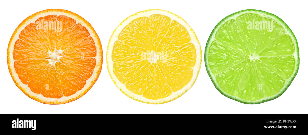 Tranche de citron, orange, citron, lime, isolé sur fond blanc, chemin de détourage Banque D'Images