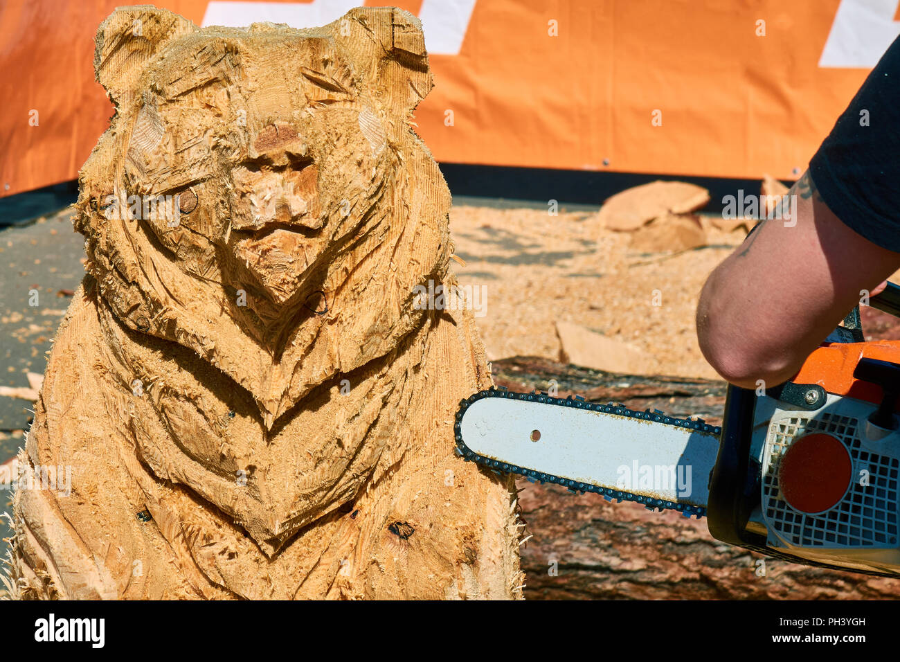 Menuisier expérimenté de faire un gros ours en bois sculpture à la tronçonneuse pendant un concours local close-up Banque D'Images