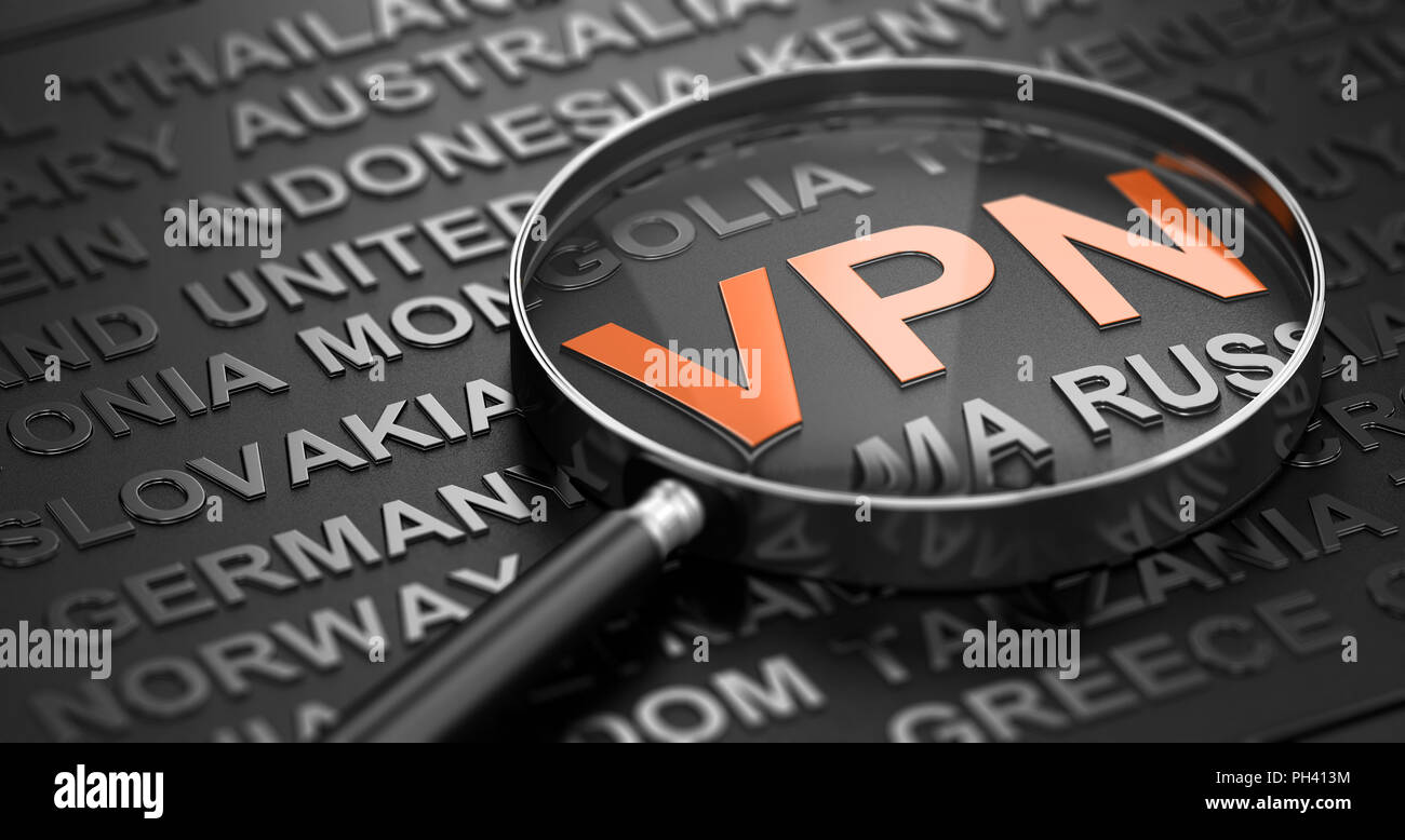 Nuage de mots sur fond noir avec l'accent sur les vpn accronym witten en lettres orange et une loupe. Concept de réseau privé virtuel. 3D Banque D'Images