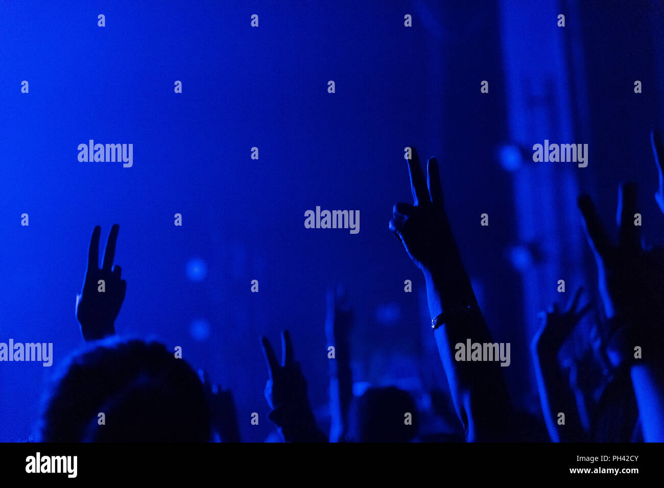 Les fans de musique holding up hands avec des symboles de paix Banque D'Images