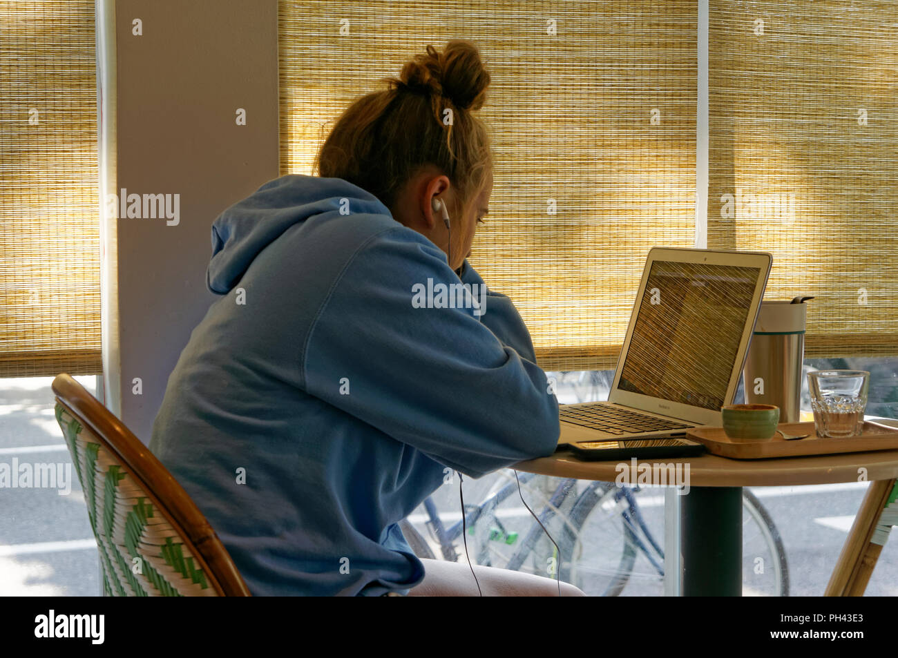 Jeune femme regardant un écran d'ordinateur portable tout en étant assis à une table dans un café Banque D'Images