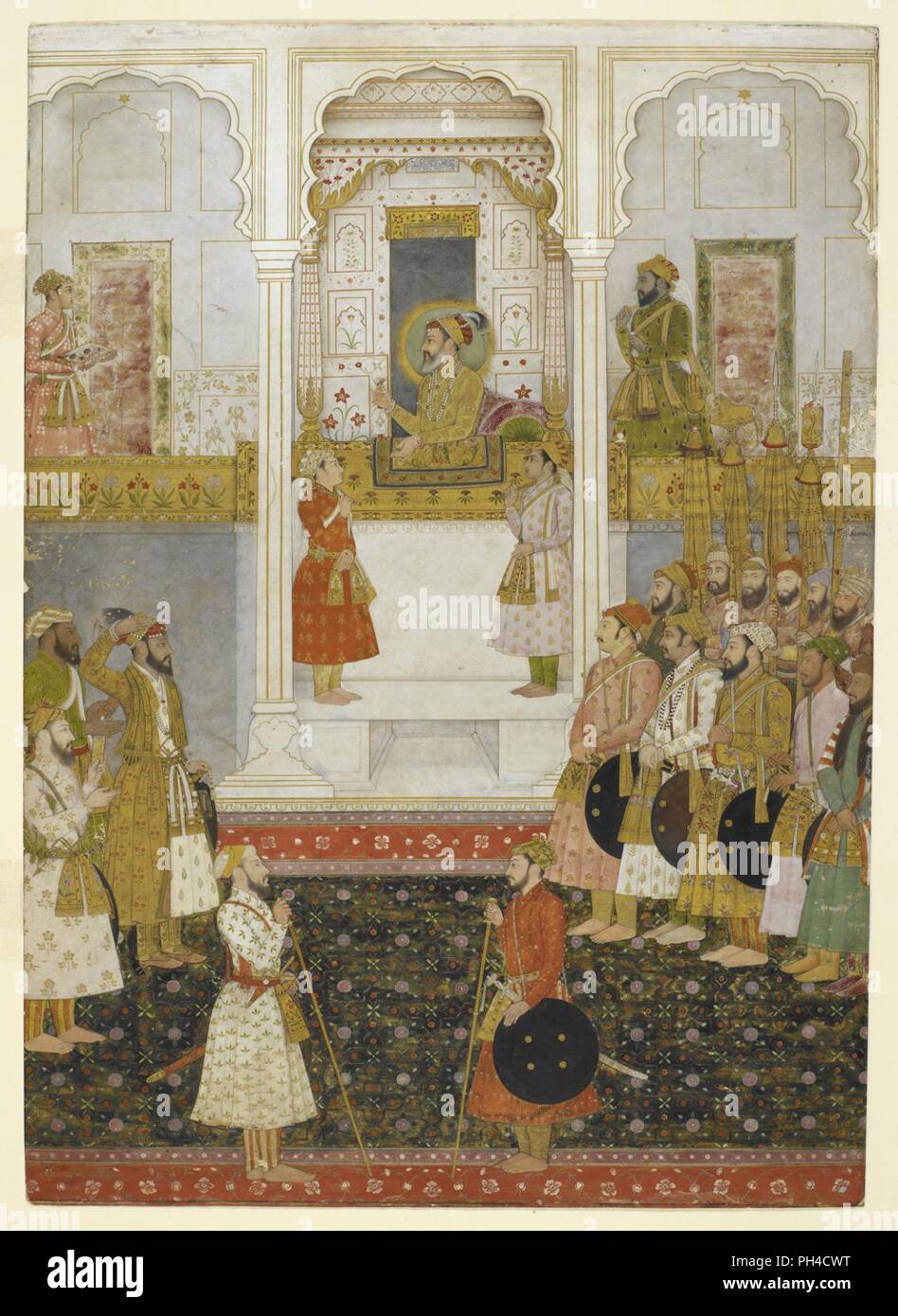 'Shah Jahan dans durbar, tenant un rubis dans sa main droite ; 'chauri'-drapeaux se tiennent de chaque côté de lui et un accompagnateur avant lui est titulaire d'un bac de bijoux. Sur la gauche est le Prince Alamgir (Aurangzeb) qui salue hi0041. Banque D'Images