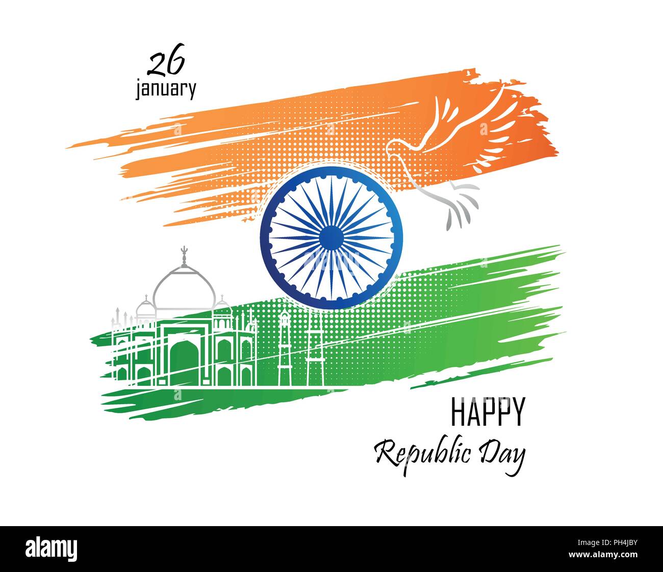 26 janvier. La journée de la République de l'Inde. Couleurs abstraites du drapeau indien avec le chakra d'Ashoka, colombe et croquis du Taj Mahal. Vector illustration. Illustration de Vecteur