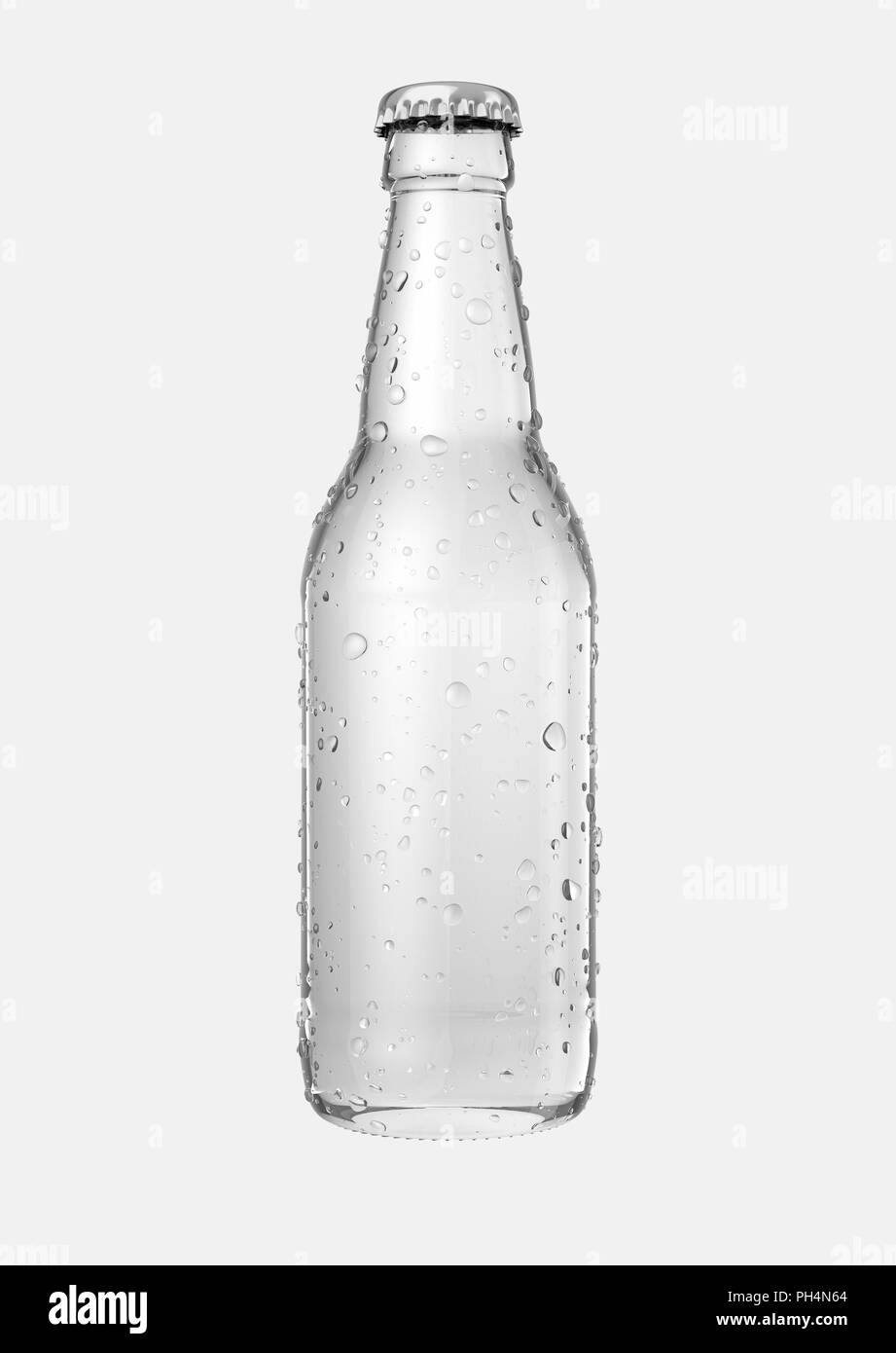 Une bouteille de bière en verre clair avec des gouttelettes de condensation sur un fond studio blanc isolé - 3D render Banque D'Images