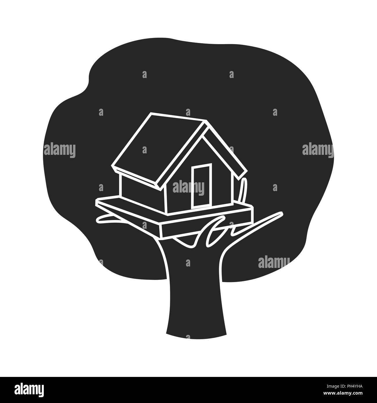 Maison de l'arbre dans l'icône de style noir isolé sur fond blanc. Jardin jeu d'illustration vectorielle, symbole. Illustration de Vecteur