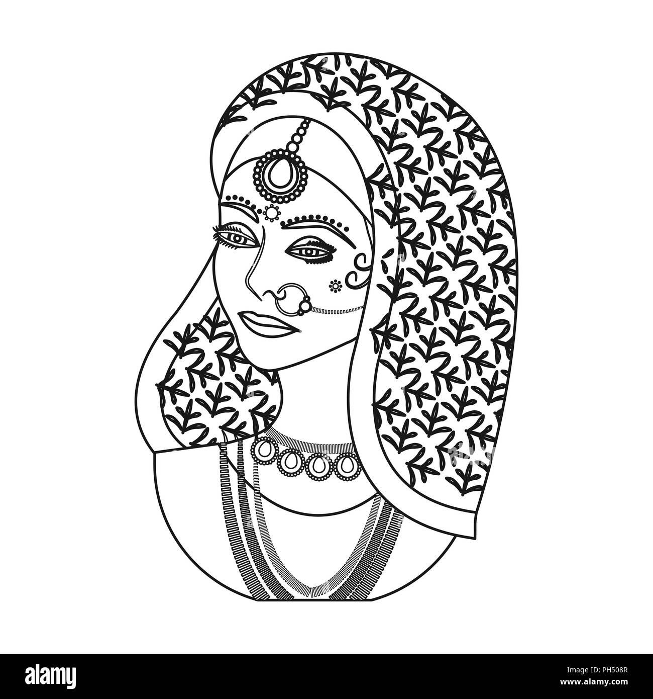 Femme indienne dans l'icône de style contour isolé sur fond blanc. Vector illustration symbole de l'Inde. Illustration de Vecteur
