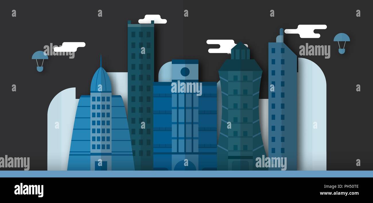 Pop up conception des bâtiments urbains et l'avenir ville la nuit. Vector illustration avec télévision style. Illustration de Vecteur