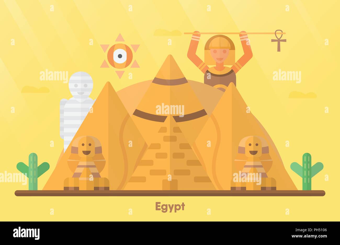 Repères L'Egypte pour voyager avec grand Sphinx de Gizeh, grande pyramide de Gizeh, mountain, cactus, maman et fille de Pharaon. Vector illustration avec c Illustration de Vecteur